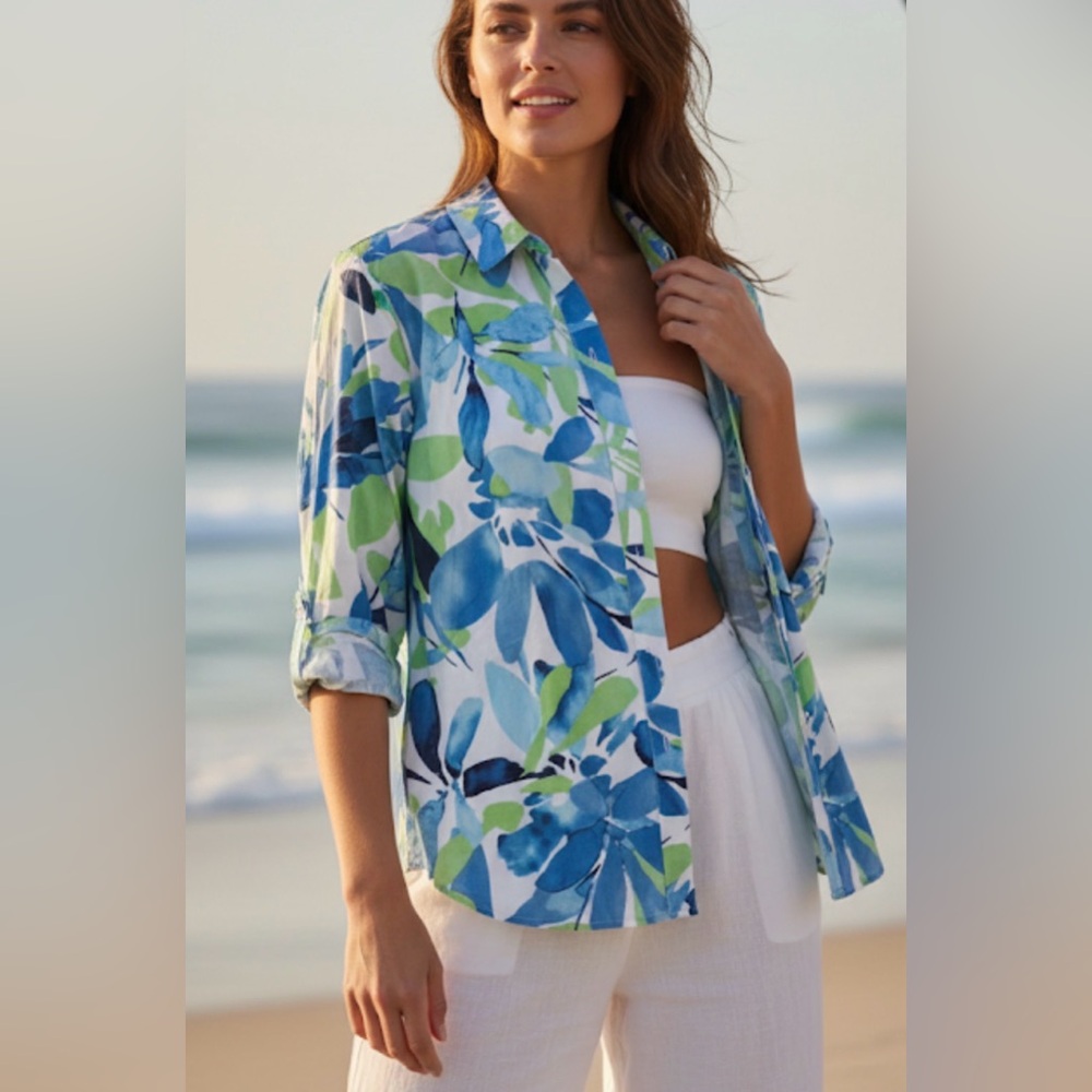 Chicos Top Womens 3 Medium 8 Blue Floral 100% Cotton Button Up 3/4 Sleeve Blouse